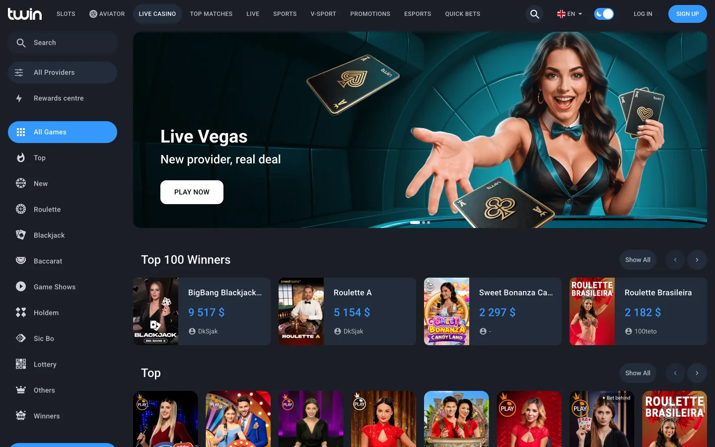 Live casino lobby with roulette, blackjack and other table categories