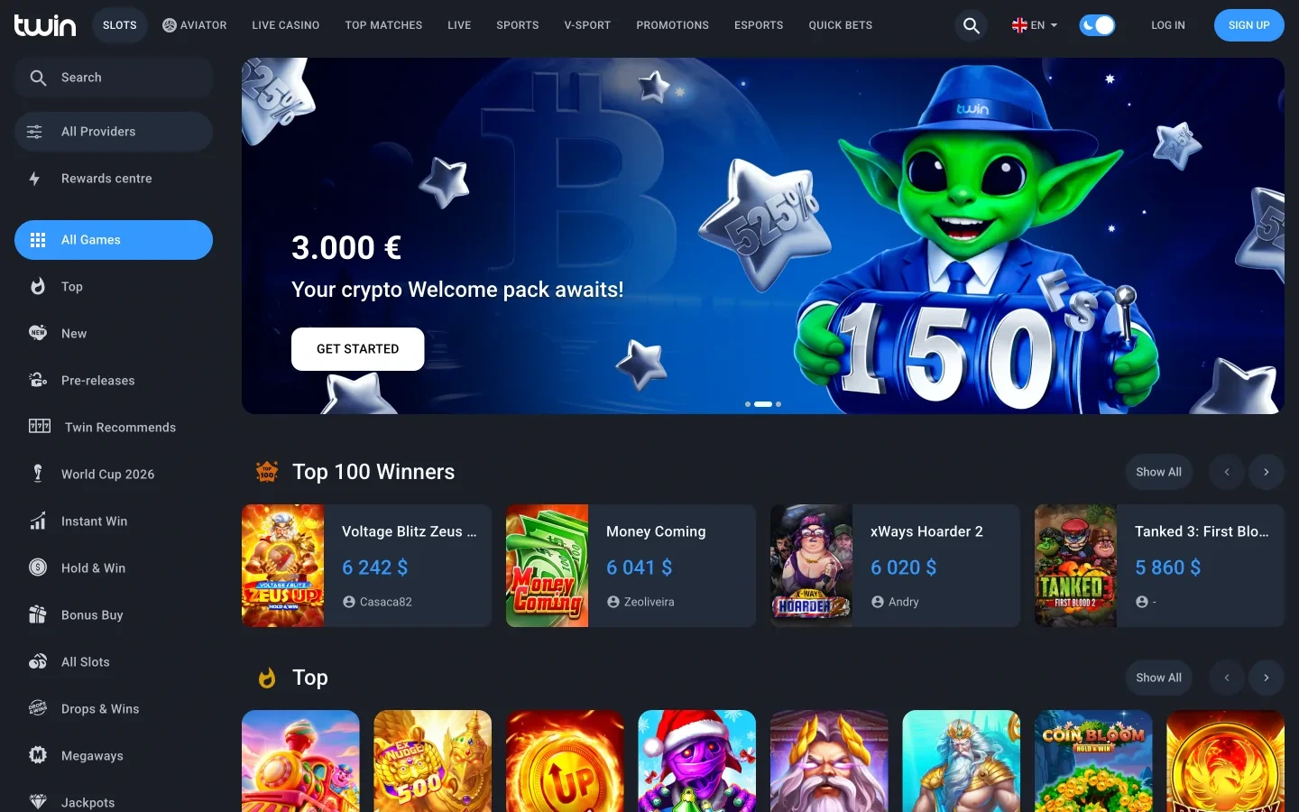 Twin slots lobby in English with category navigation and game thumbnails